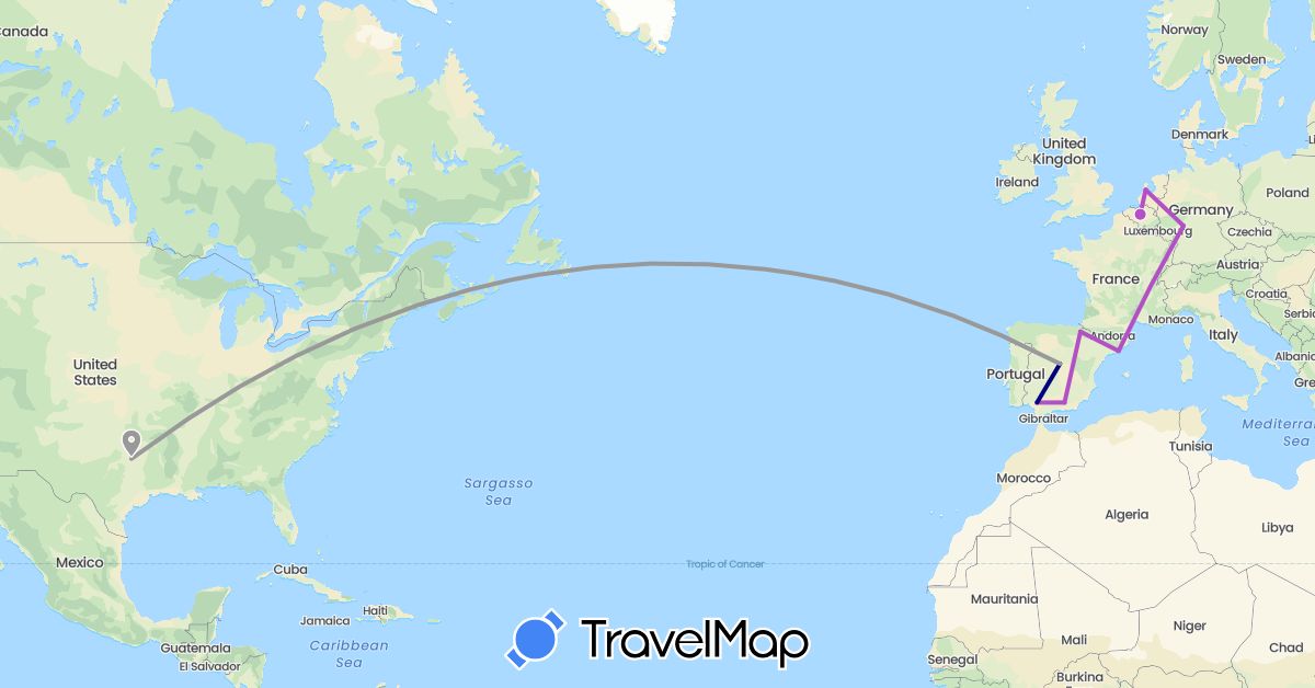 TravelMap itinerary: driving, plane, train in Belgium, Germany, Spain, Netherlands, United States (Europe, North America)