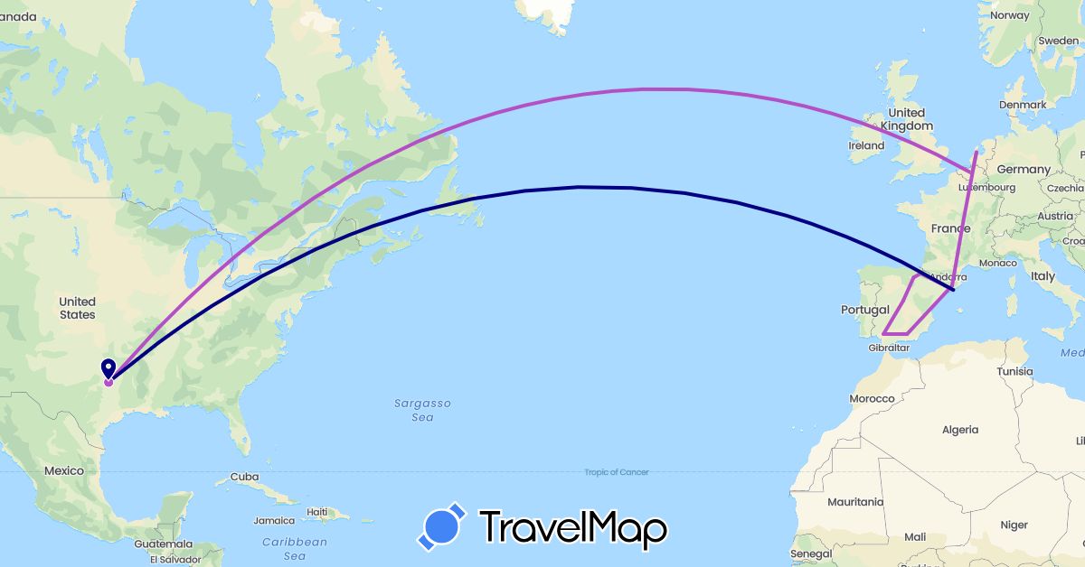 TravelMap itinerary: driving, plane, train in Belgium, Spain, Netherlands, United States (Europe, North America)